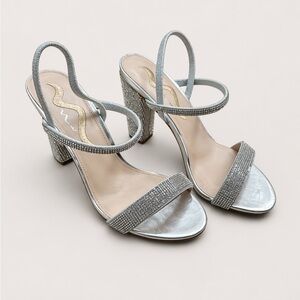 Nina Silver Rhinestone Block Heel Sandals 8.5M | Sparkle Ankle Strap Heels